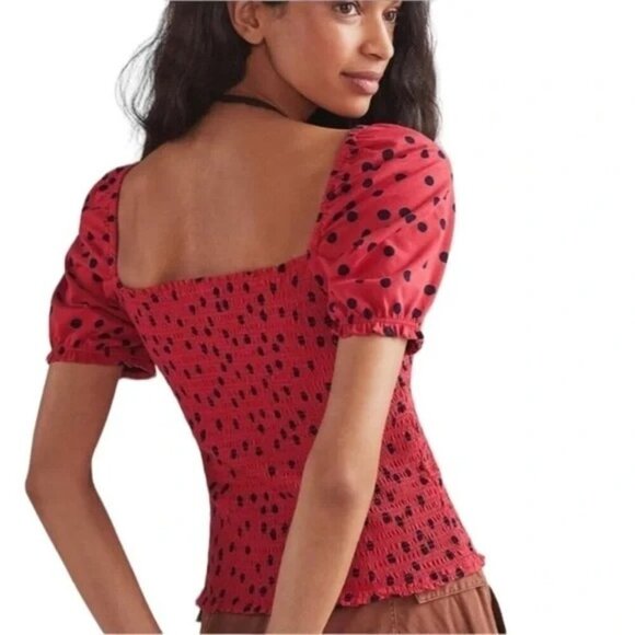 Anthropologie Dolan Red Polka Dot Smocked Puff Sleeve Blouse - Picture 3 of 8
